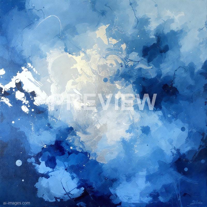 The image features an abstract watercolor painting dominated by various shades of blue, ranging from light to dark. Swirling patterns, splatters, and delicate lines create a sense of movement and depth, with some areas appearing more concentrated with pigment while others are more diffused and airy. The overall composition evokes a feeling of fluidity and dynamic energy, reminiscent of water or the sky.